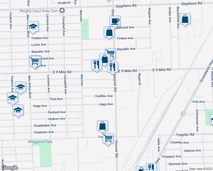 map of restaurants, bars, coffee shops, grocery stores, and more near 11527 Maxwell Ave in Warren