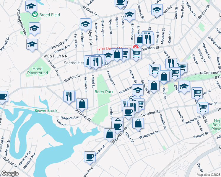 map of restaurants, bars, coffee shops, grocery stores, and more near 27 Waterford Street in Lynn