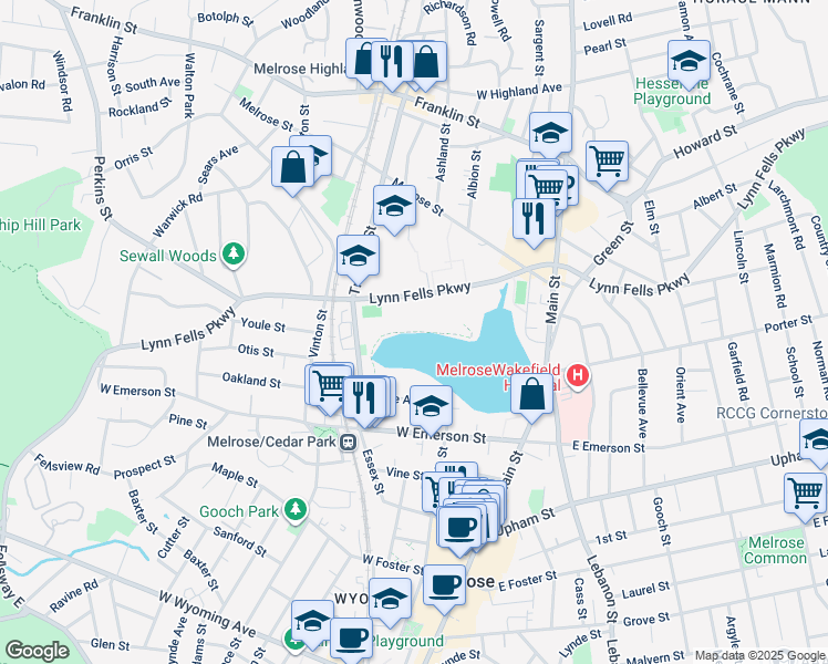 map of restaurants, bars, coffee shops, grocery stores, and more near Ell Pond Lake Trail in Melrose