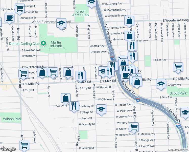 map of restaurants, bars, coffee shops, grocery stores, and more near 23045 Stauber Avenue in Hazel Park