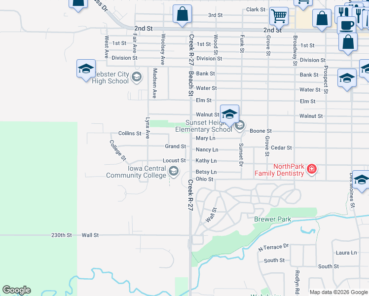 map of restaurants, bars, coffee shops, grocery stores, and more near 1300-1302 Grand Street in Webster City