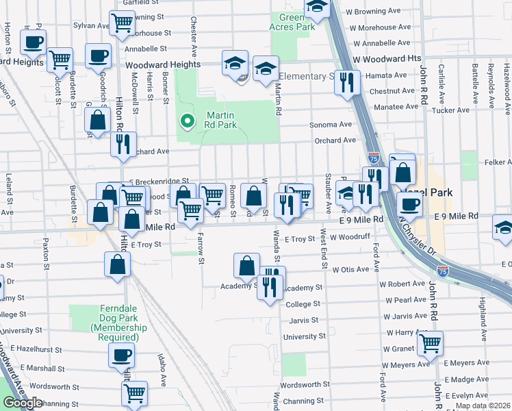 map of restaurants, bars, coffee shops, grocery stores, and more near 1904 Leitch Road in Ferndale
