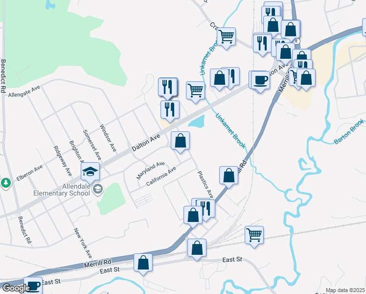 map of restaurants, bars, coffee shops, grocery stores, and more near 36 Plastics Avenue in Pittsfield