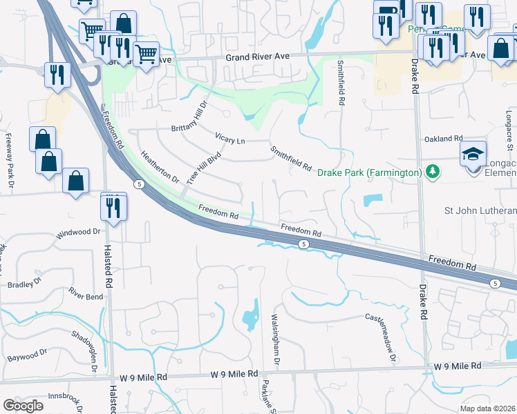map of restaurants, bars, coffee shops, grocery stores, and more near 23339 Hillview Court in Farmington