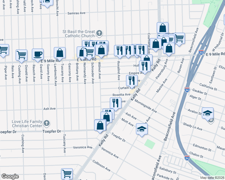 map of restaurants, bars, coffee shops, grocery stores, and more near 18086 Curtain Avenue in Eastpointe