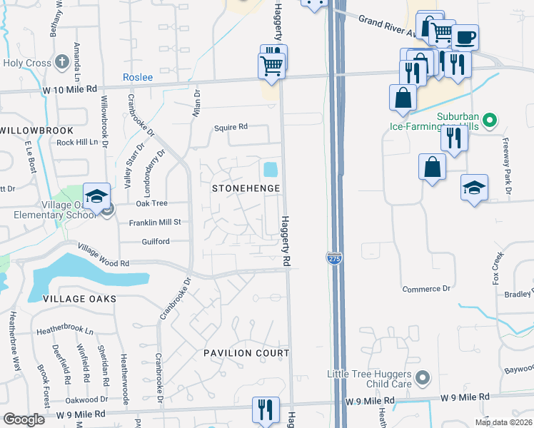 map of restaurants, bars, coffee shops, grocery stores, and more near 23483 Shorebrooke Singh in Novi