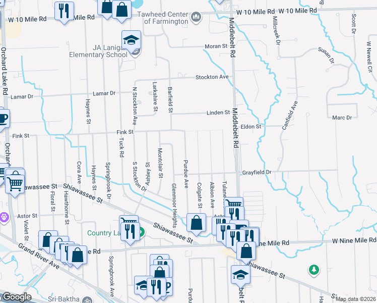 map of restaurants, bars, coffee shops, grocery stores, and more near 23134 Purdue Avenue in Farmington Hills