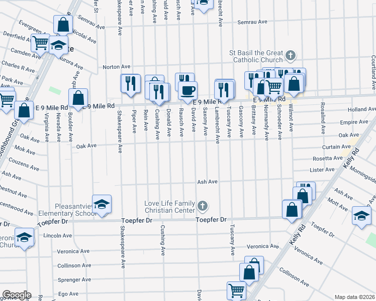map of restaurants, bars, coffee shops, grocery stores, and more near 22148 Rausch Avenue in Eastpointe