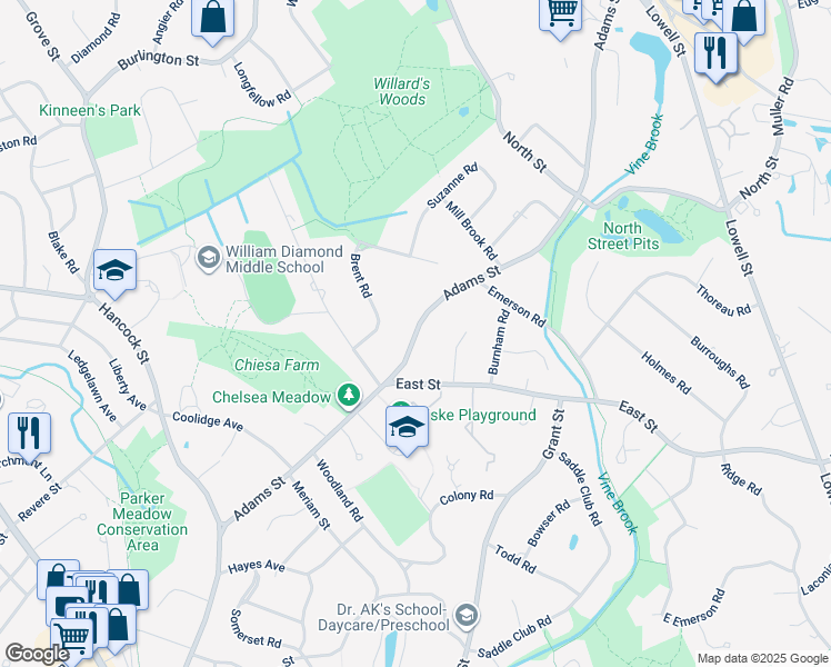 map of restaurants, bars, coffee shops, grocery stores, and more near Adams Street in Lexington