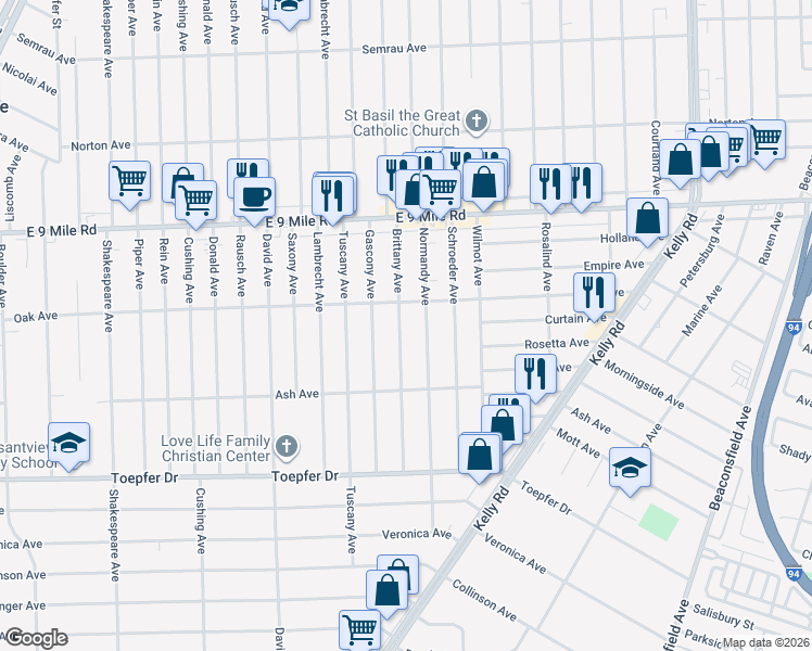 map of restaurants, bars, coffee shops, grocery stores, and more near 22130 Brittany Avenue in Eastpointe