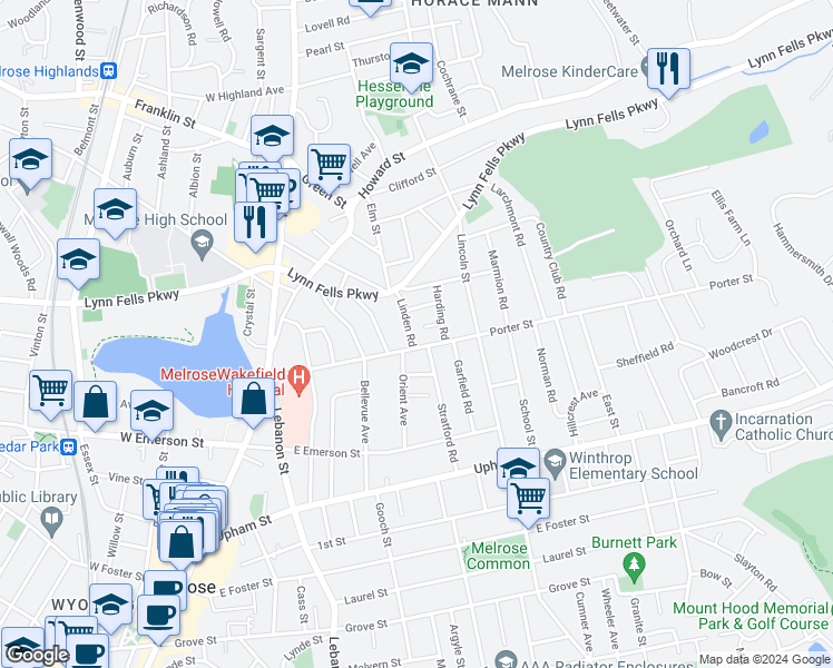 map of restaurants, bars, coffee shops, grocery stores, and more near 140 Linden Road in Melrose