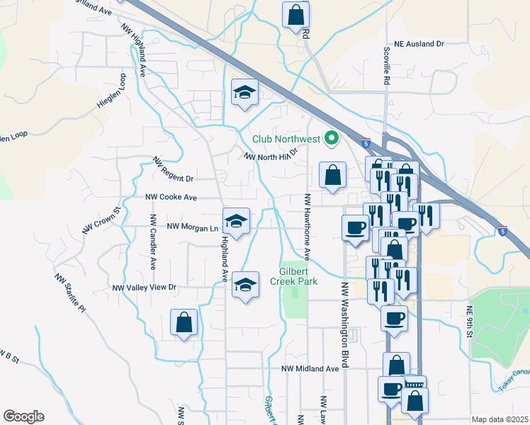 map of restaurants, bars, coffee shops, grocery stores, and more near 1930 Northwest Donovan Court in Grants Pass