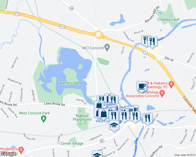 map of restaurants, bars, coffee shops, grocery stores, and more near 294 Commonwealth Avenue in Concord