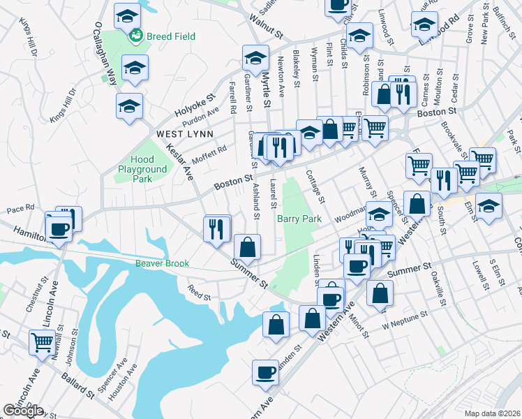 map of restaurants, bars, coffee shops, grocery stores, and more near 81 Ashland Street in Lynn