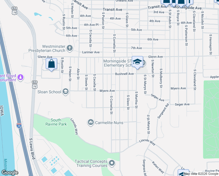 map of restaurants, bars, coffee shops, grocery stores, and more near 2600-2698 South Cornelia Street in Sioux City