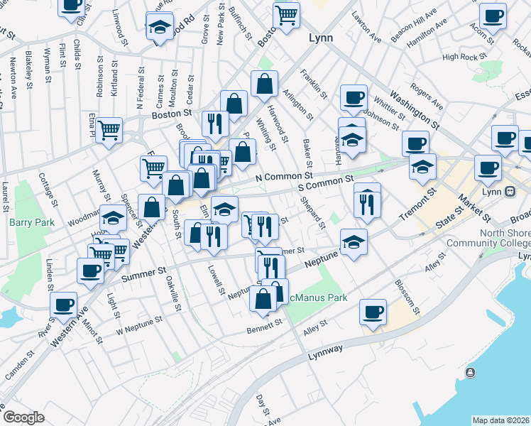 map of restaurants, bars, coffee shops, grocery stores, and more near 19 Huss Court in Lynn
