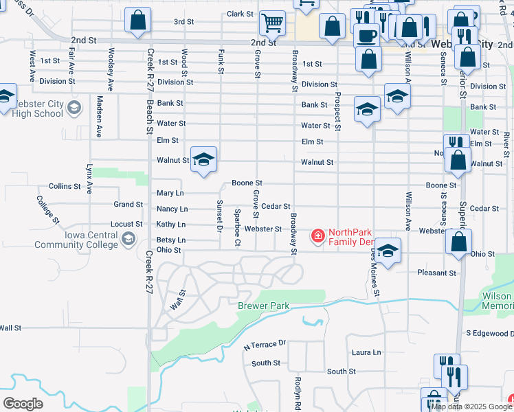 map of restaurants, bars, coffee shops, grocery stores, and more near 1001 Cedar Street in Webster City