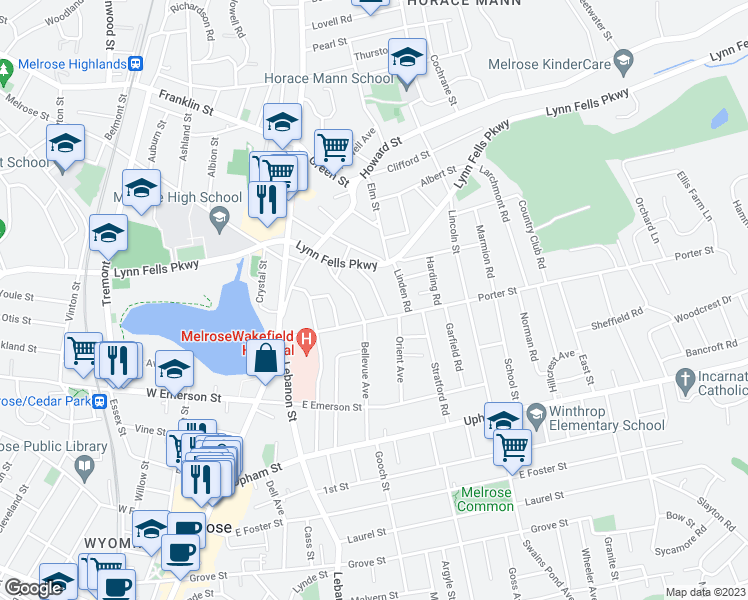 map of restaurants, bars, coffee shops, grocery stores, and more near 20 Batchelder Street in Melrose