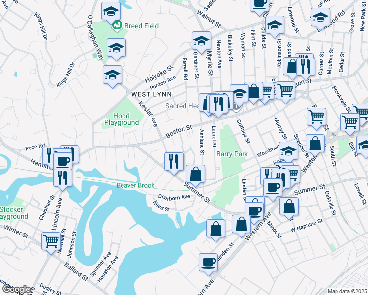 map of restaurants, bars, coffee shops, grocery stores, and more near 37 Ridge Avenue in Lynn