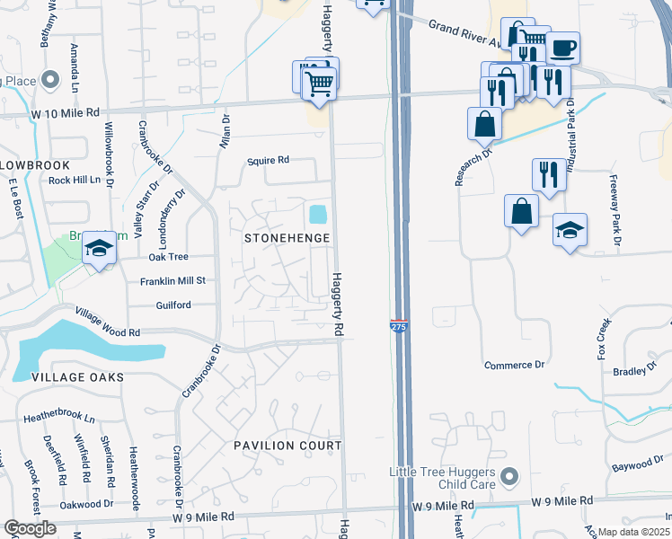 map of restaurants, bars, coffee shops, grocery stores, and more near 23399 Haggerty Rd in Novi