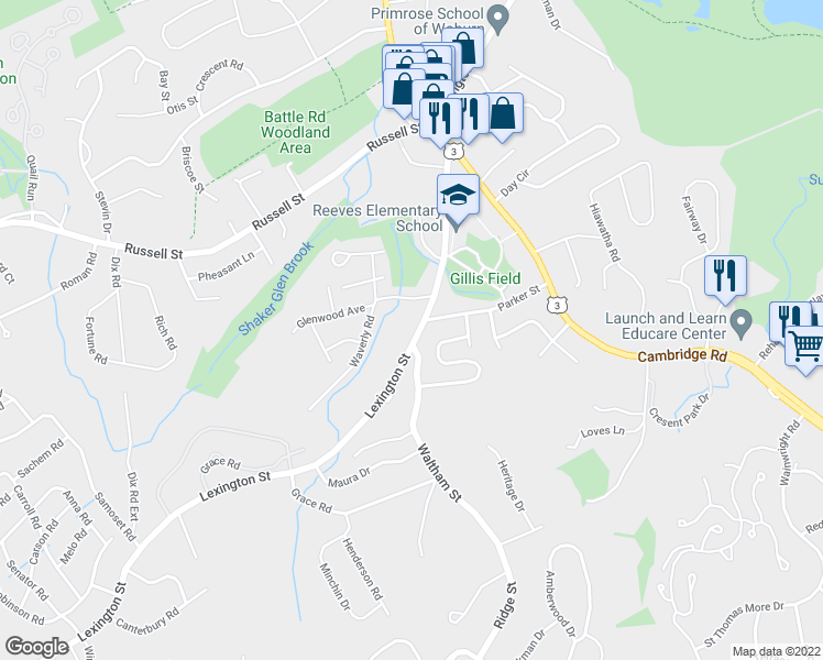 map of restaurants, bars, coffee shops, grocery stores, and more near 251 Lexington Street in Woburn
