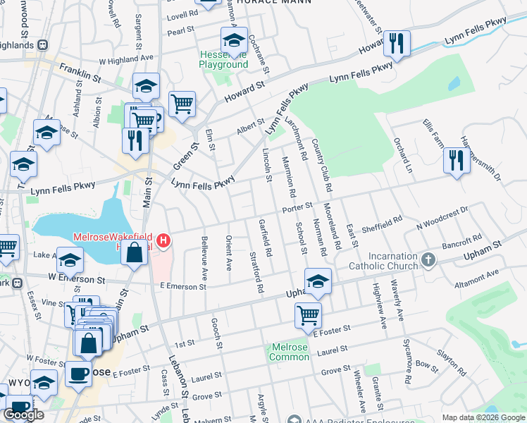 map of restaurants, bars, coffee shops, grocery stores, and more near 144 Porter Street in Melrose