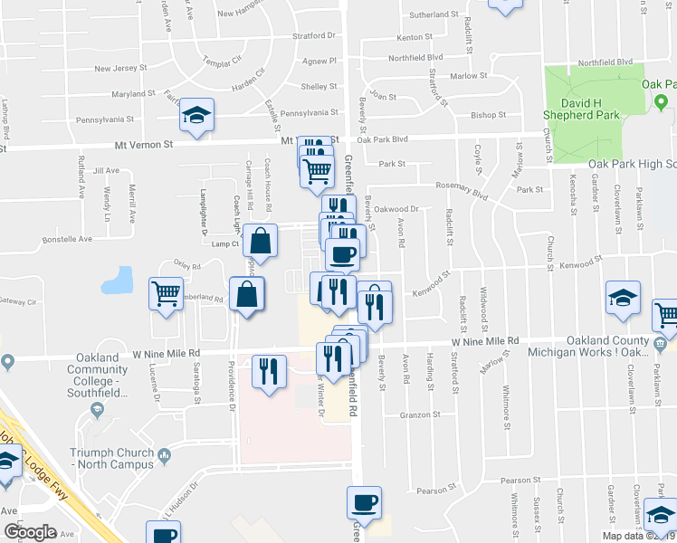 map of restaurants, bars, coffee shops, grocery stores, and more near 23195 Greenfield Road in Southfield