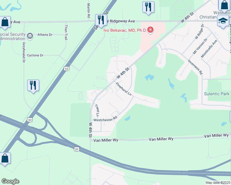 map of restaurants, bars, coffee shops, grocery stores, and more near 1921 Pinehurst Court in Waterloo