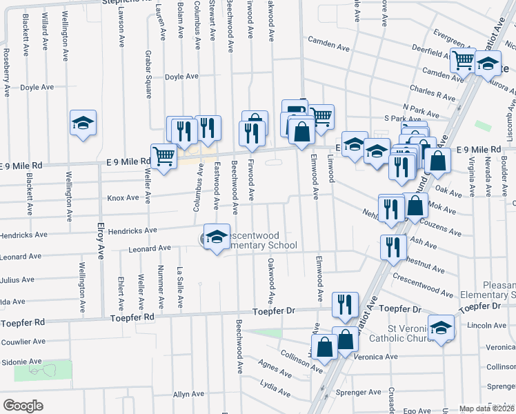 map of restaurants, bars, coffee shops, grocery stores, and more near 22150 Firwood Avenue in Eastpointe