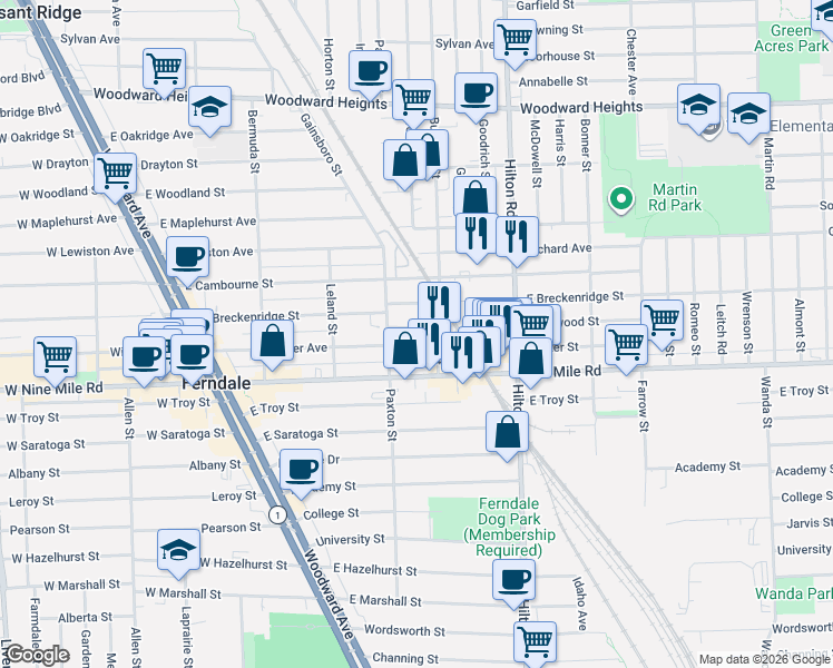 map of restaurants, bars, coffee shops, grocery stores, and more near 578 Rosewood Street in Ferndale