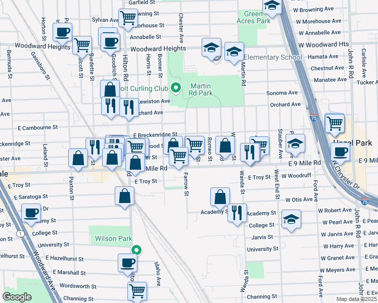 map of restaurants, bars, coffee shops, grocery stores, and more near 1914 Farrow Street in Ferndale