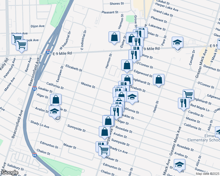 map of restaurants, bars, coffee shops, grocery stores, and more near 20521 Maxine Street in St. Clair Shores