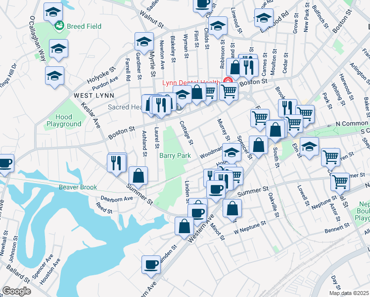 map of restaurants, bars, coffee shops, grocery stores, and more near 27 Waterford Street in Lynn