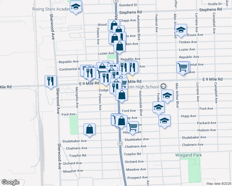 map of restaurants, bars, coffee shops, grocery stores, and more near 22831 Van Dyke Avenue in Warren