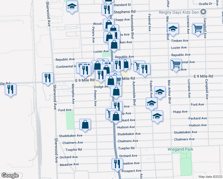 map of restaurants, bars, coffee shops, grocery stores, and more near 22831 Van Dyke Avenue in Warren