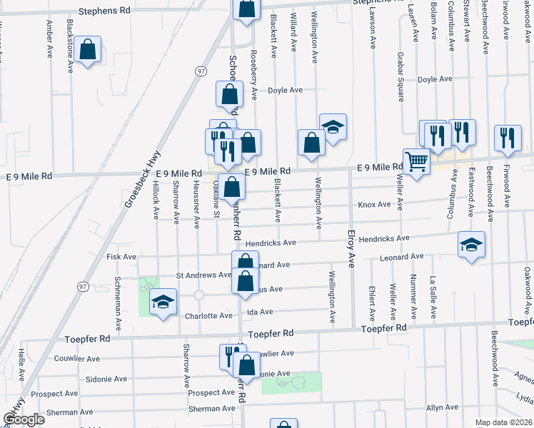 map of restaurants, bars, coffee shops, grocery stores, and more near 13690 Knox Avenue in Warren