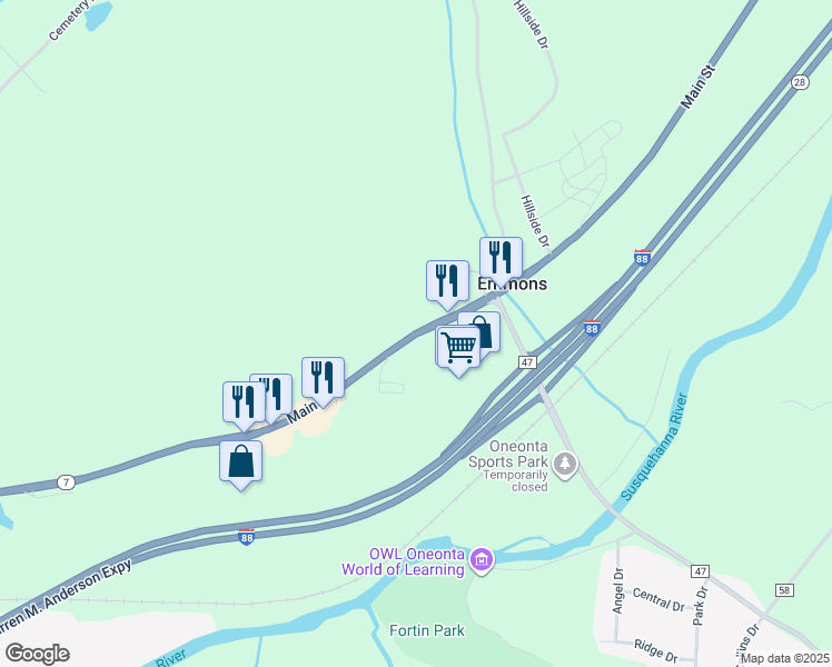 map of restaurants, bars, coffee shops, grocery stores, and more near 5531 Main Street in Oneonta