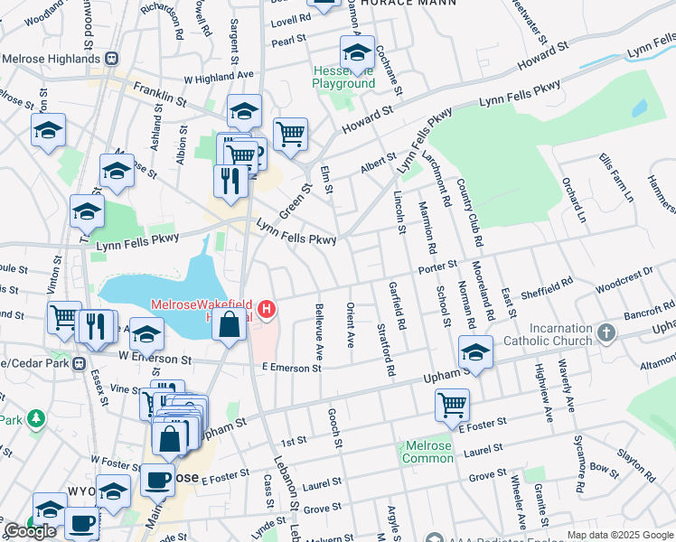 map of restaurants, bars, coffee shops, grocery stores, and more near 20 Batchelder Street in Melrose