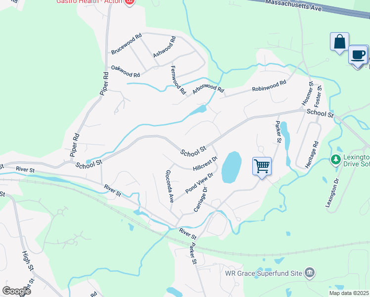 map of restaurants, bars, coffee shops, grocery stores, and more near 182 School Street in Acton