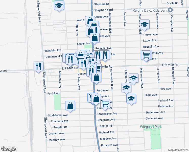 map of restaurants, bars, coffee shops, grocery stores, and more near 22831 Van Dyke Avenue in Warren