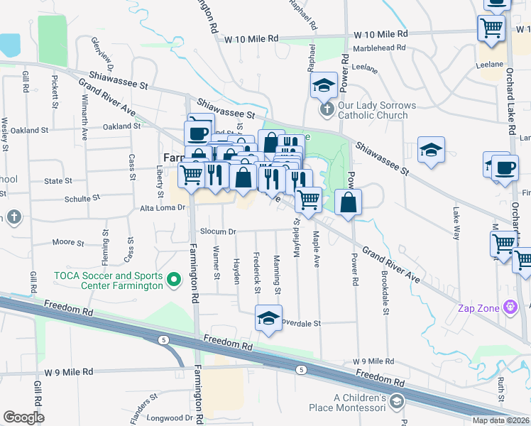 map of restaurants, bars, coffee shops, grocery stores, and more near 32777 Grand River Avenue in Farmington