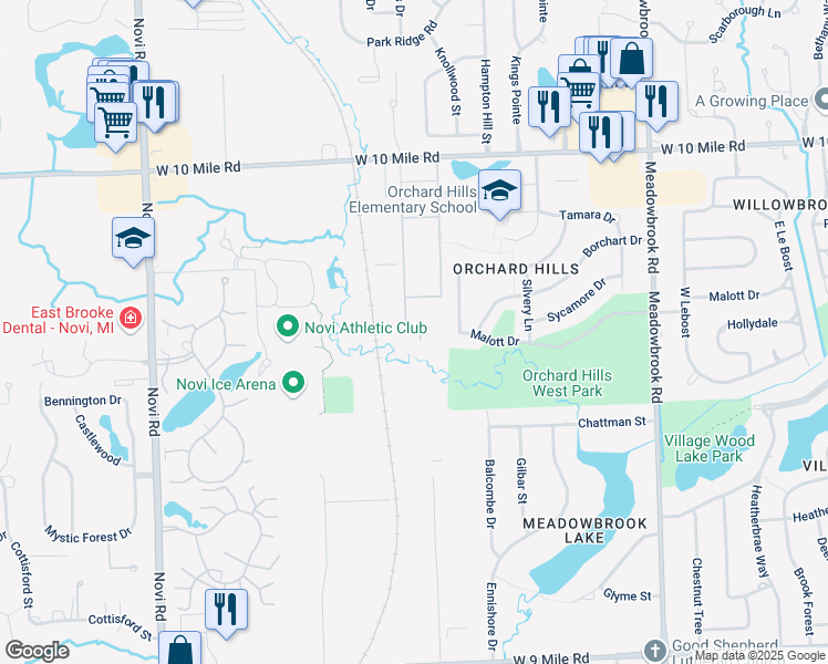 map of restaurants, bars, coffee shops, grocery stores, and more near 23640 Chipmunk Trail in Novi