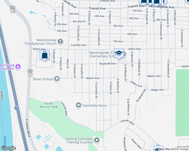 map of restaurants, bars, coffee shops, grocery stores, and more near 2600-2698 South Cornelia Street in Sioux City