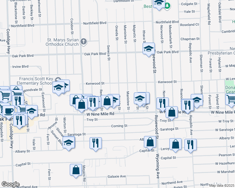 map of restaurants, bars, coffee shops, grocery stores, and more near 23211 Oneida Street in Oak Park