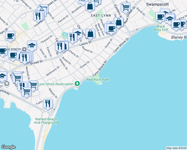 map of restaurants, bars, coffee shops, grocery stores, and more near Lynn Shore Drive in Lynn