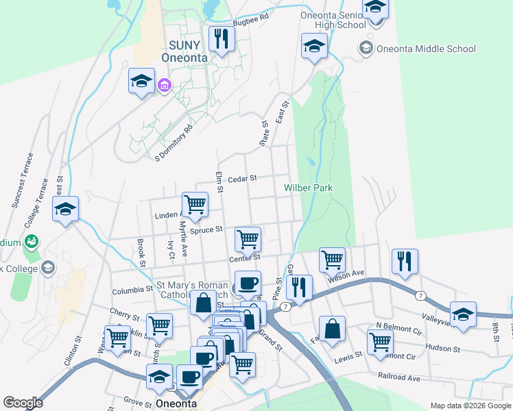 map of restaurants, bars, coffee shops, grocery stores, and more near 68-70 Maple Street in Oneonta