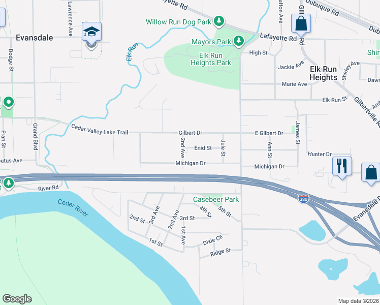 map of restaurants, bars, coffee shops, grocery stores, and more near 1712 Enid Street in Evansdale