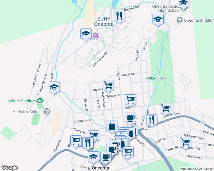 map of restaurants, bars, coffee shops, grocery stores, and more near 83 Ford Ave in Oneonta