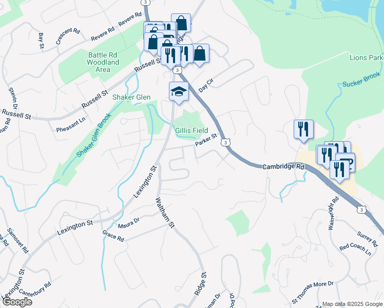 map of restaurants, bars, coffee shops, grocery stores, and more near 1 Highview Road in Woburn