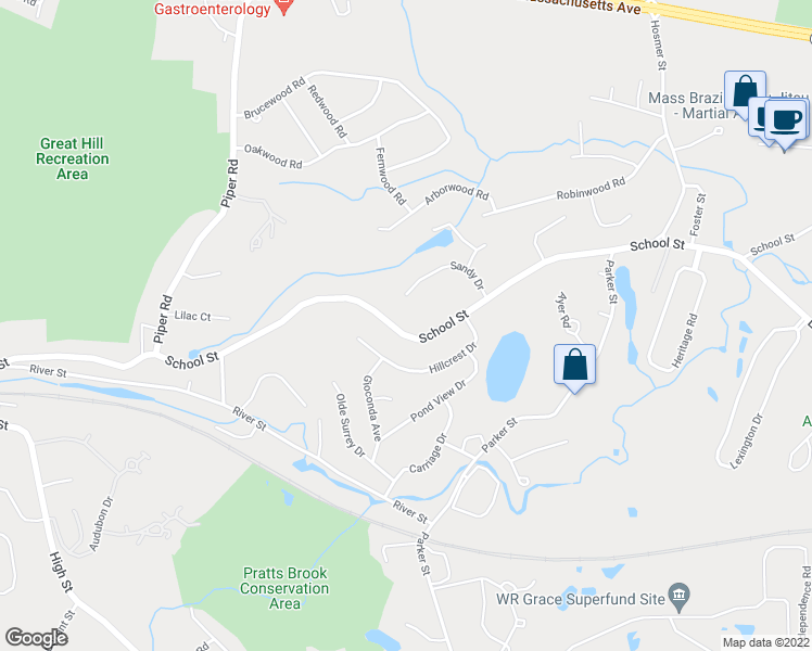 map of restaurants, bars, coffee shops, grocery stores, and more near 182 School Street in Acton